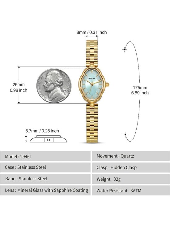 Women\'s Gold Blue Vintage Copper Mirrors Shape Dainty Ladies Quartz Luxury Watch